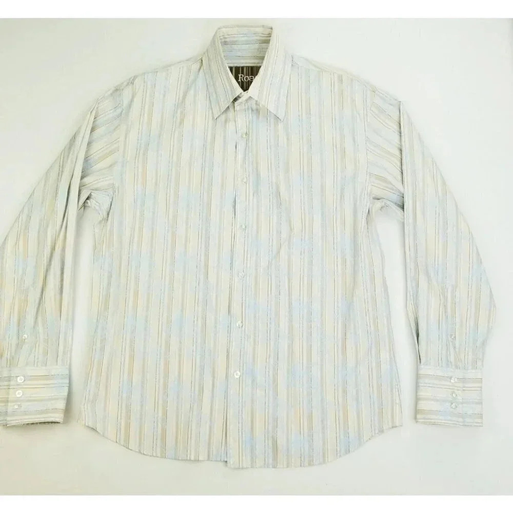 Roar Size XL Men's Cream White Brown Stripe and Blue Swirl Long Sleeve Shirt